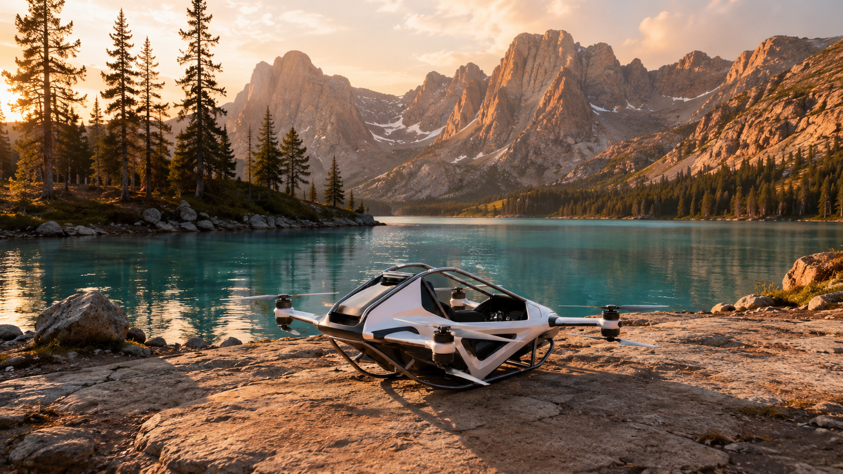HaloCopter X8 personal electric aircraft in a mountain-lake setting